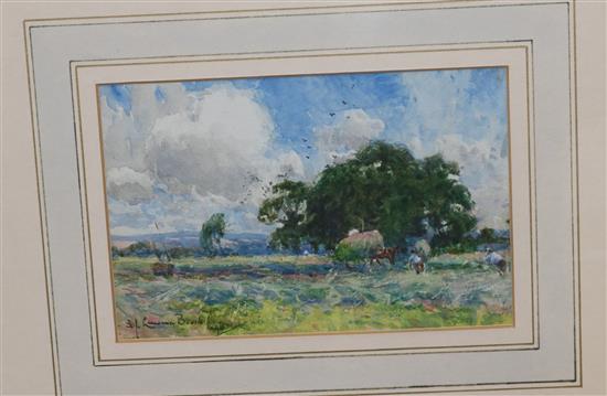 Samuel John Lamorna Birch, watercolour, The Harvesters, signed, 11 x 17cm